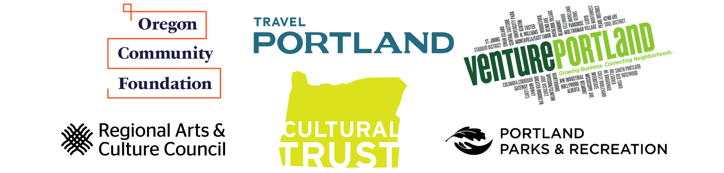 Logos from multiple organizations: Oregon Community Foundation, Regional Arts and Culture Council, Travel Portland, Oregon Cultural Trust, Venture Portland, and Portland Parks and Recreation